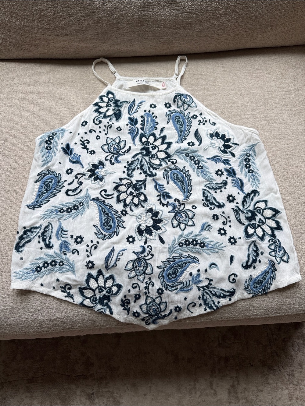 Idyllwind White Halter Tank Top with Blue Paisley Floral Embroidery
